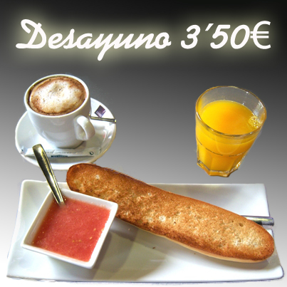 Desayuno tostada, café y zumo por 3,50€ Desayuno tostada, café y zumo por 3,50€